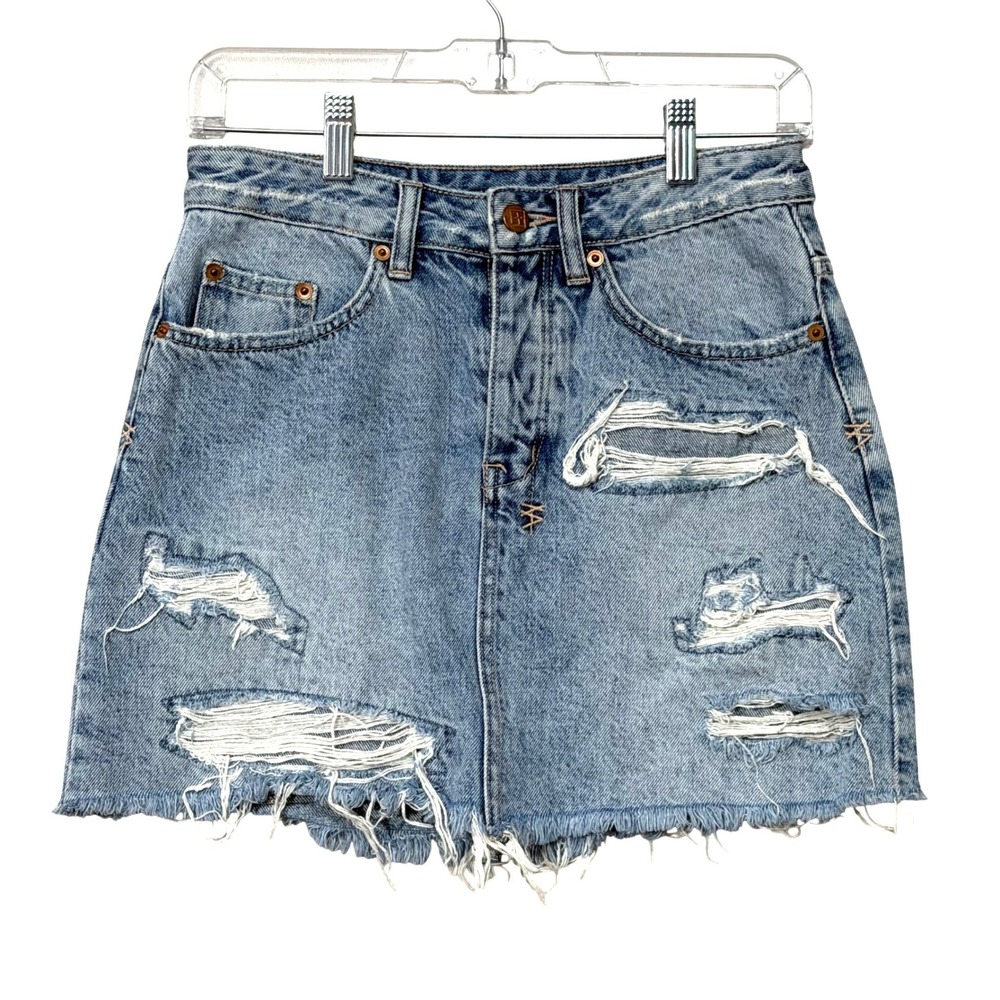 Ksubi Mini Moss Recall Skirt Womens 23 Blue Distressed Denim Frayed Hem